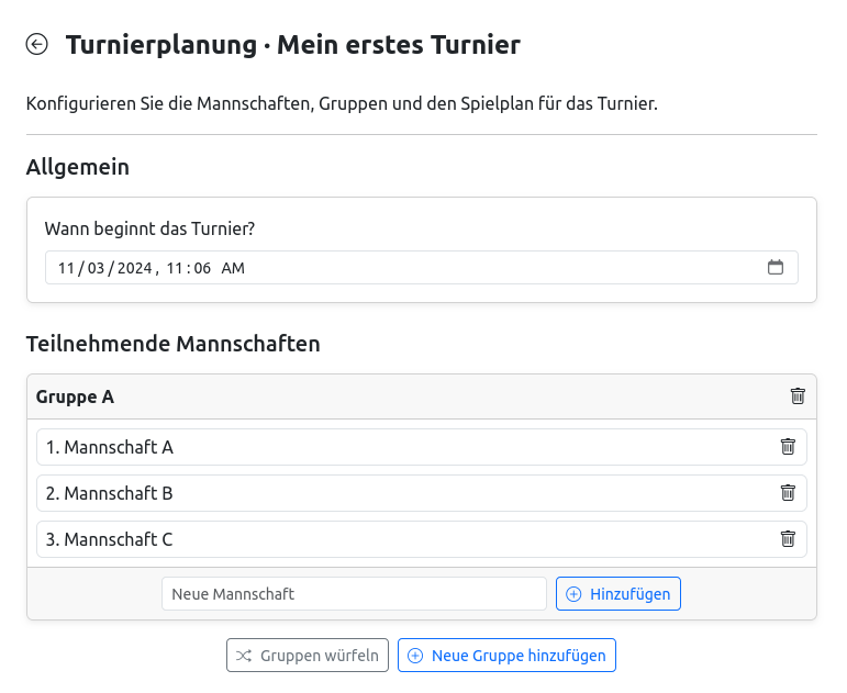 Eine einfache Turnierkonfiguration mit 3 Mannschaften