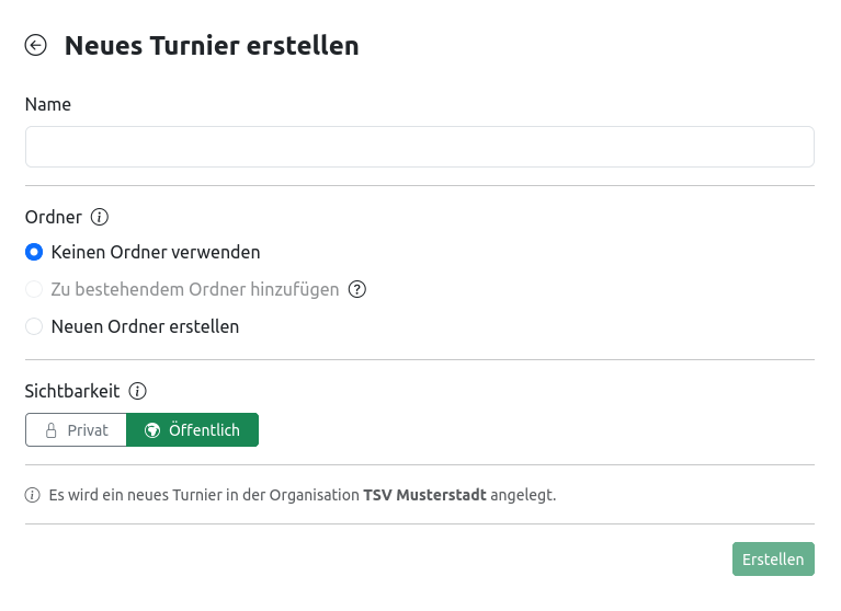 Eingabemaske für ein neues Turnier