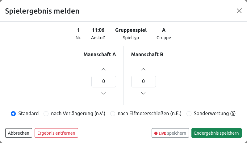 Das erste Spielergebnis melden