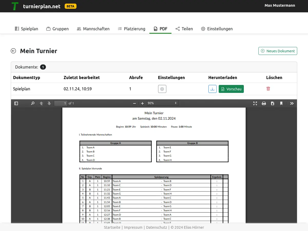 Screenshot vom Erzeugen eines PDF-Spielplans